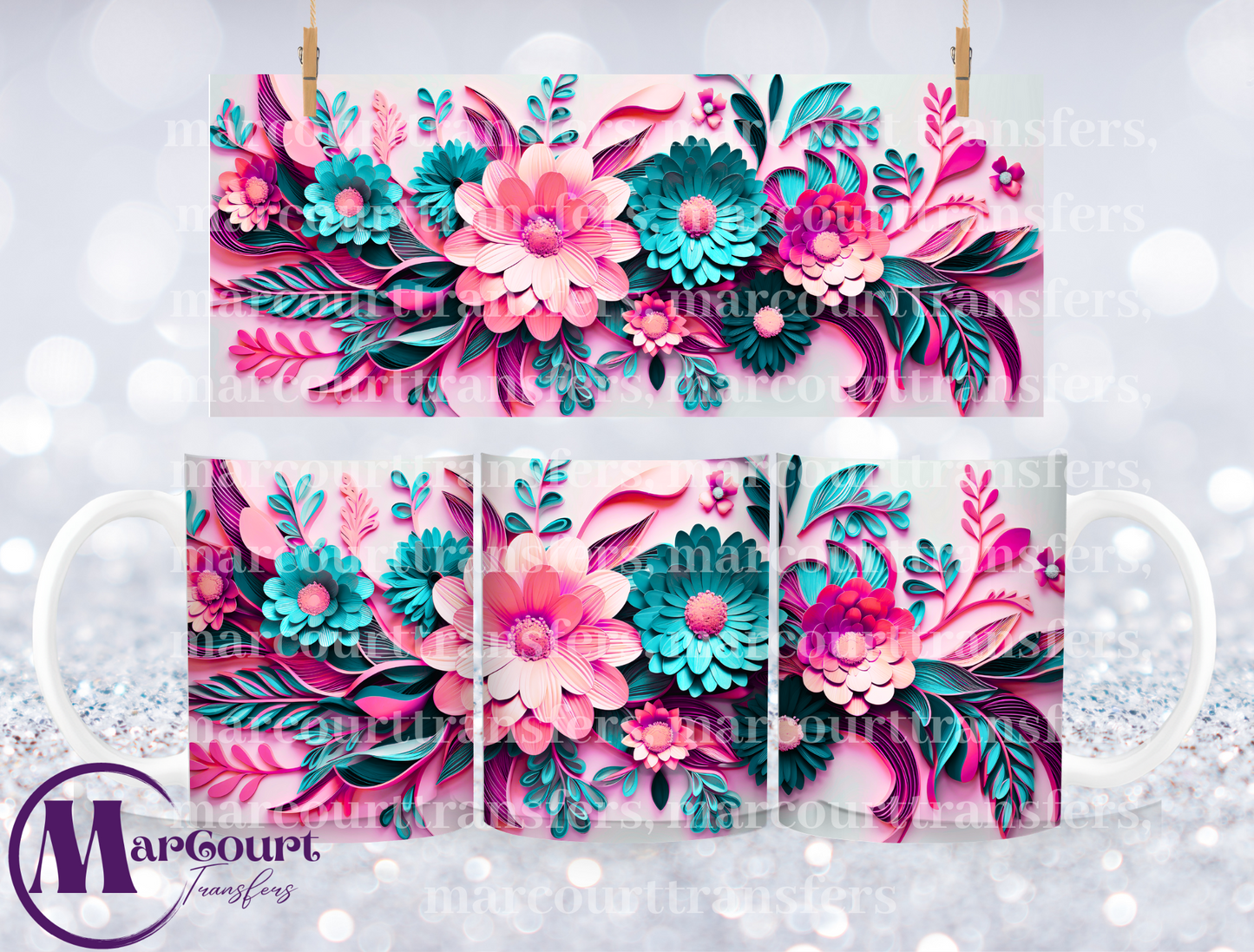 3 D FLOWERS PINK AND TEAL-MUG TRANSFER