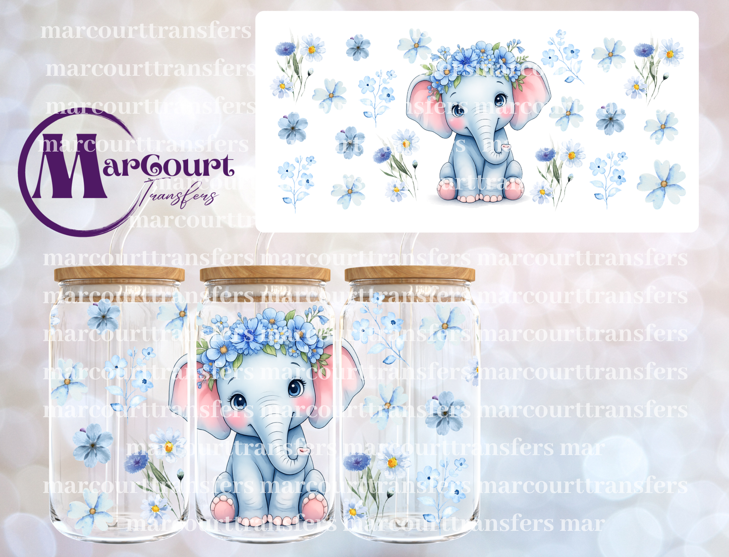 BABY ELEPHANT BLUE FLOWERS-16 0Z-UV DTF CUP WRAP