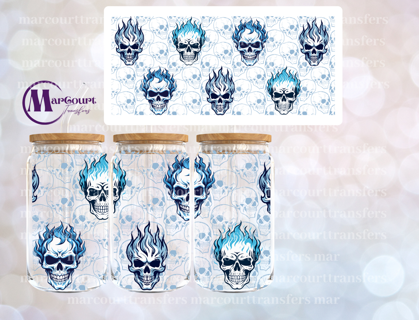BLUE FLAMES SKULL-16 0Z-UV DTF CUP WRAP