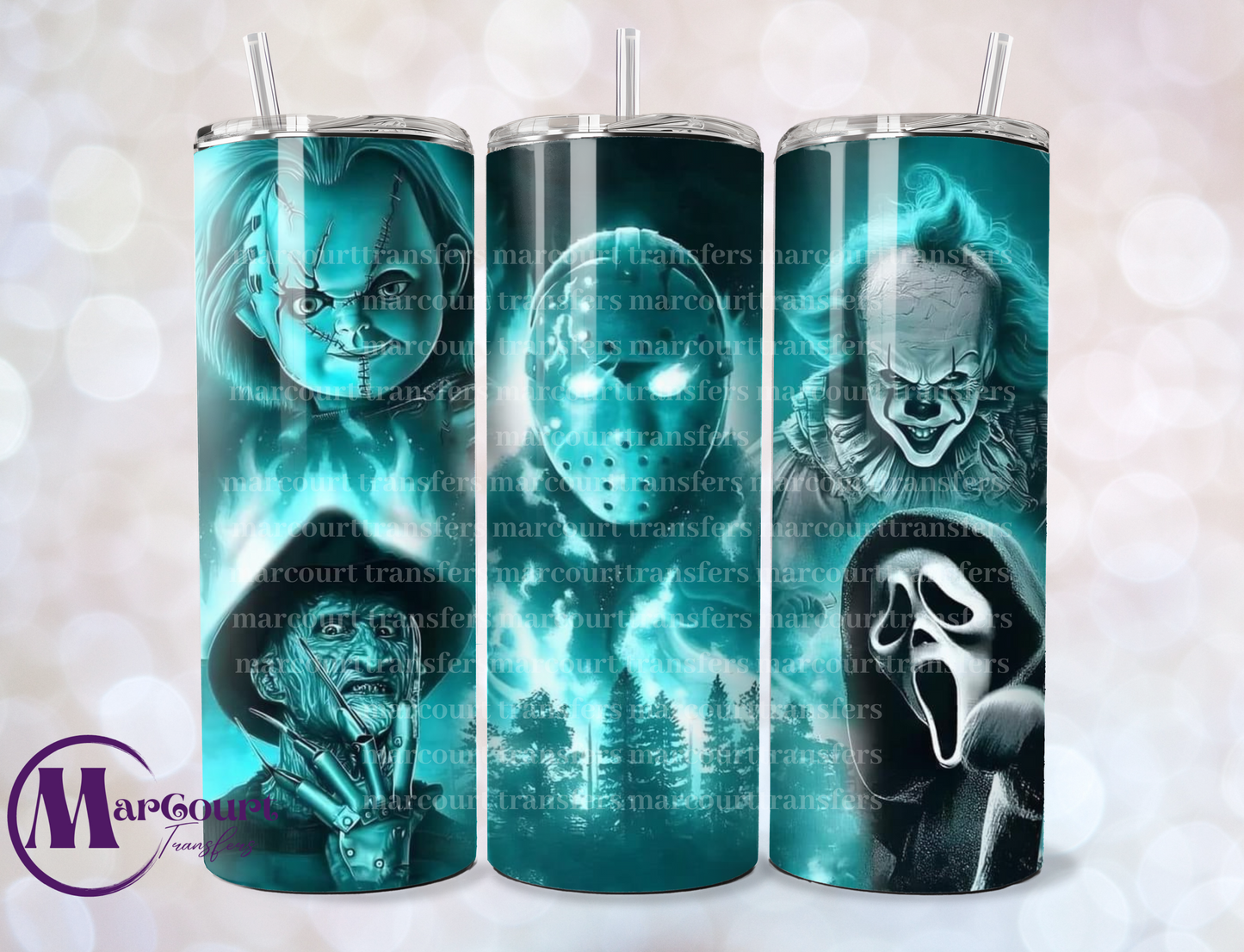 BLUE LIGHT HORROR CHARACTERS-SKINNY TUMBLER TRANSFER (SUBLIMATION)