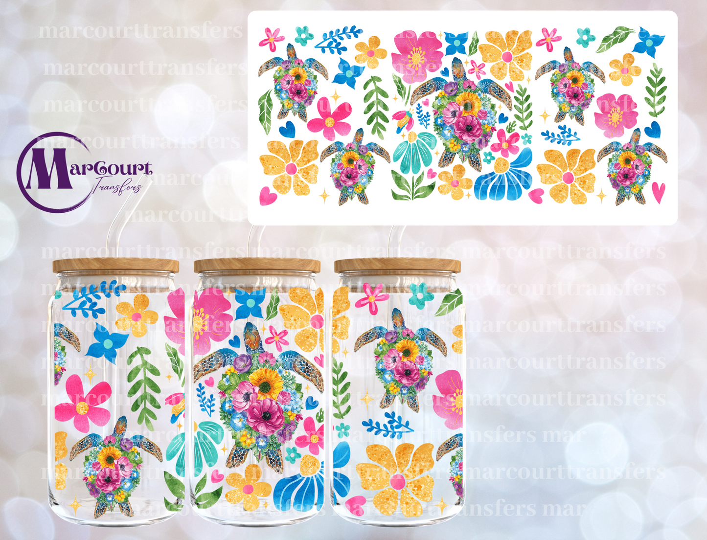BOHO FLORAL SEA TURTLE-16 0Z-UV DTF CUP WRAP