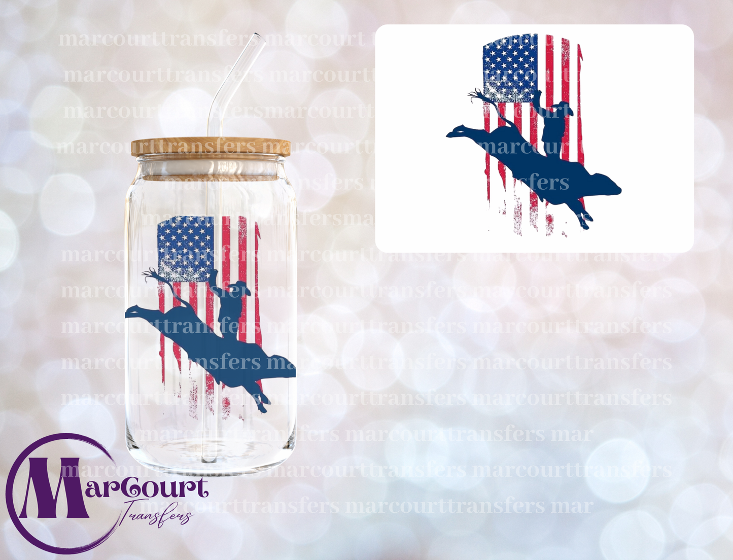 BULL RIDER AMERICAN FLAG-DECAL-UV DTF CUP WRAP