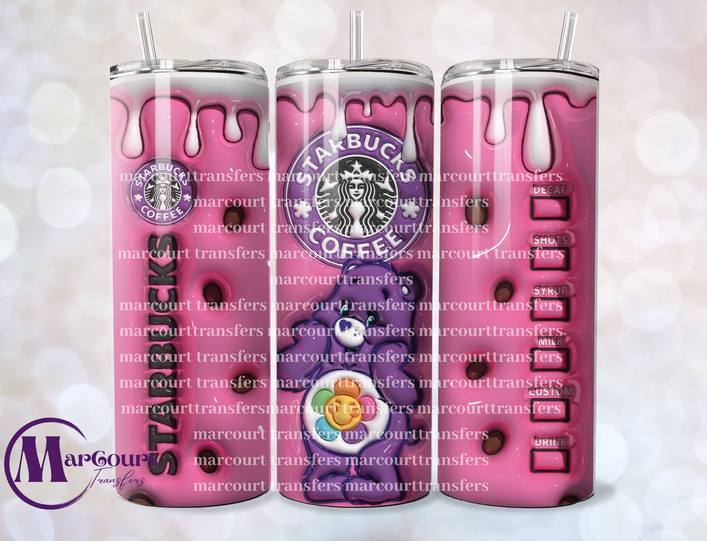 CARE BEAR-PURPLE-HAPPY FLOWER-SKINNY TUMBLER TRANSFER (SUBLIMATION)