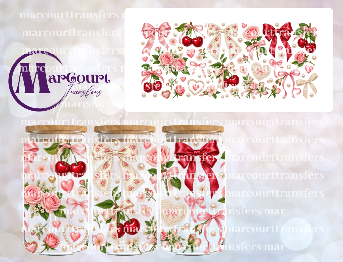 CHERRIES AND COQUETTE BOWS AND ROSES-16 0Z-UV DTF CUP WRAP
