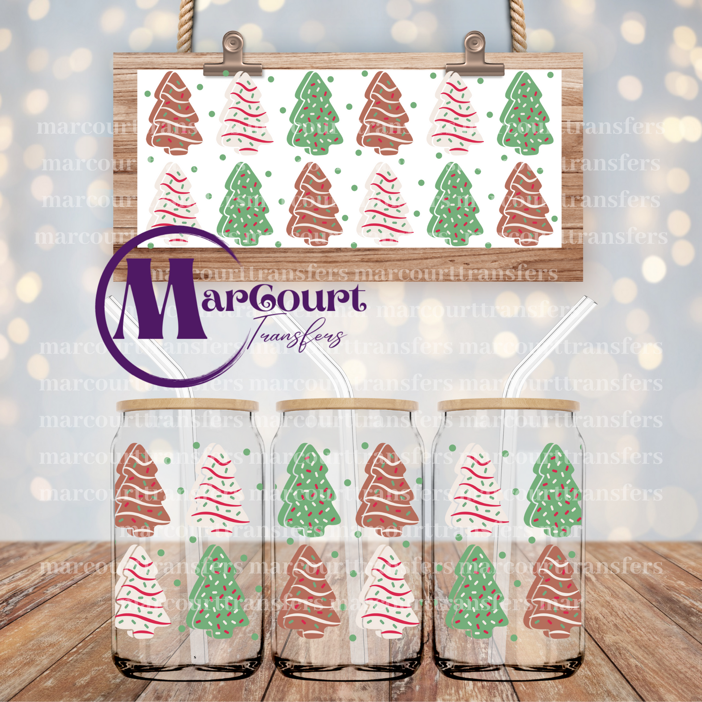 CHRISTMAS TREE SNACK CAKES GREEN WHITE AND CHOCOLATE-16 0Z-UV DTF CUP WRAP