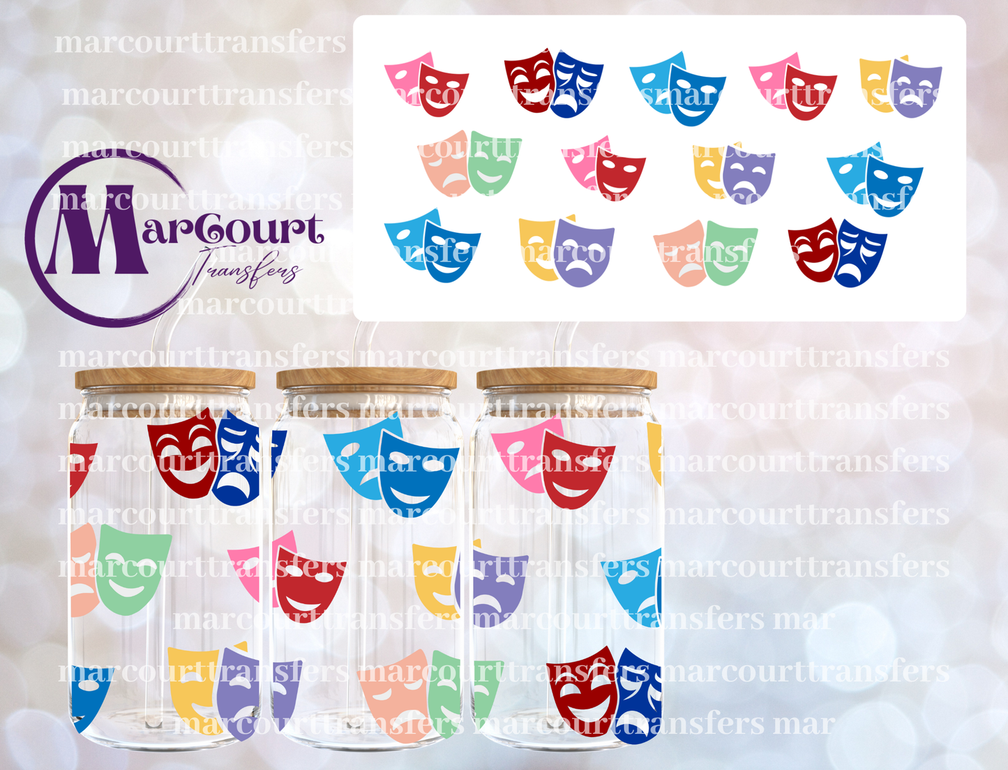 COLORFUL THEATER MASKS- 16 0Z-UV DTF CUP WRAP