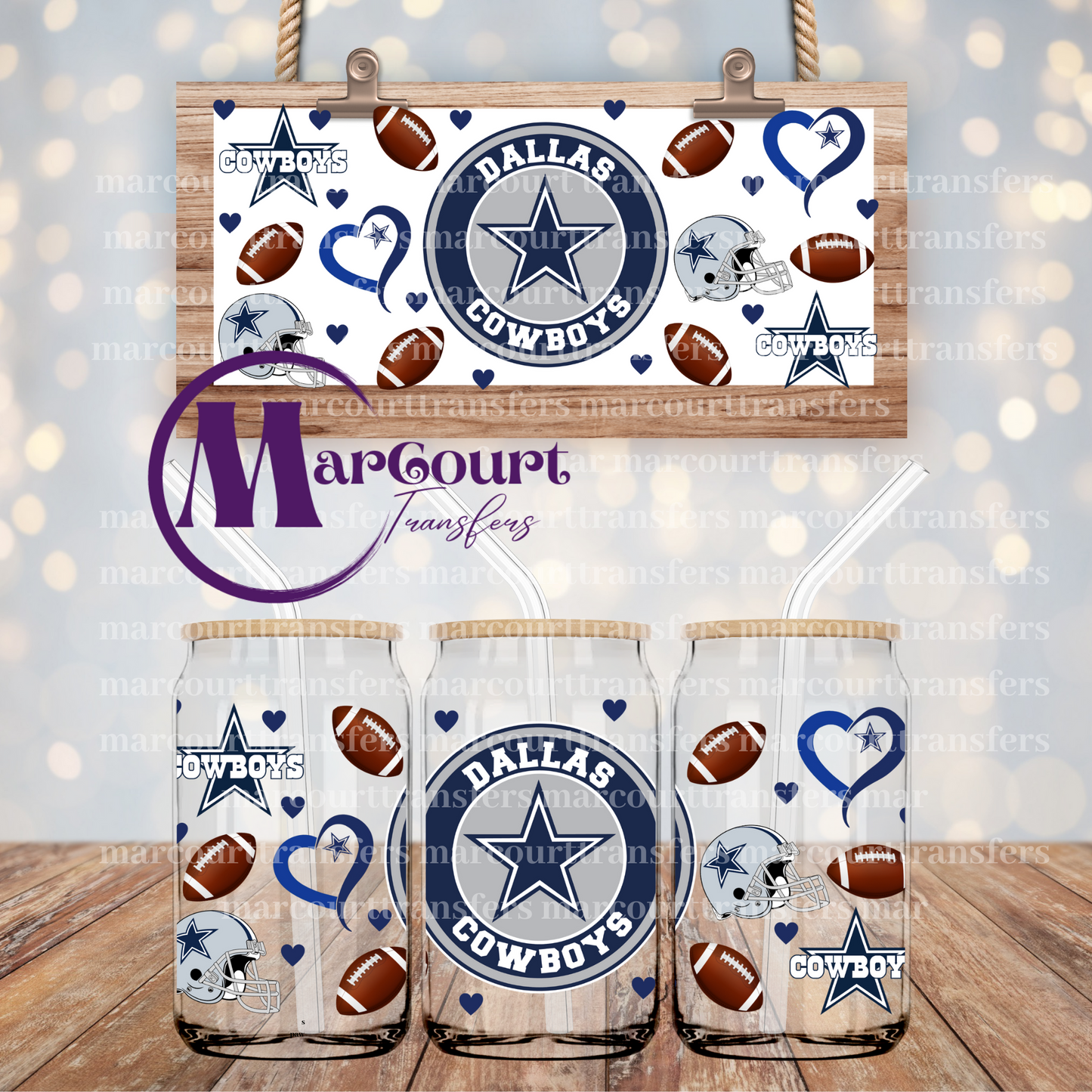 DALLAS COWBOYS HEARTS-16 OZ- UV DTF CUP WRAP