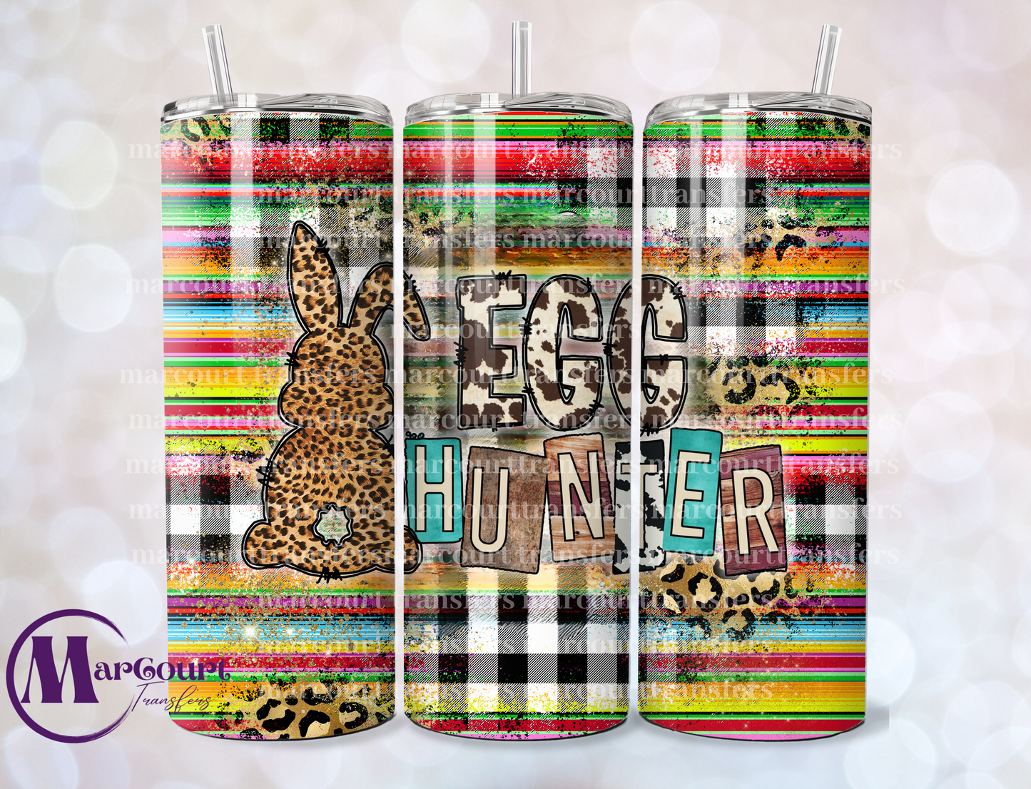 EGG HUNTER CHECKERED WITH CHEETAH BUNNY-SKINNY TUMBLER TRANSFER (SUBLIMATION)