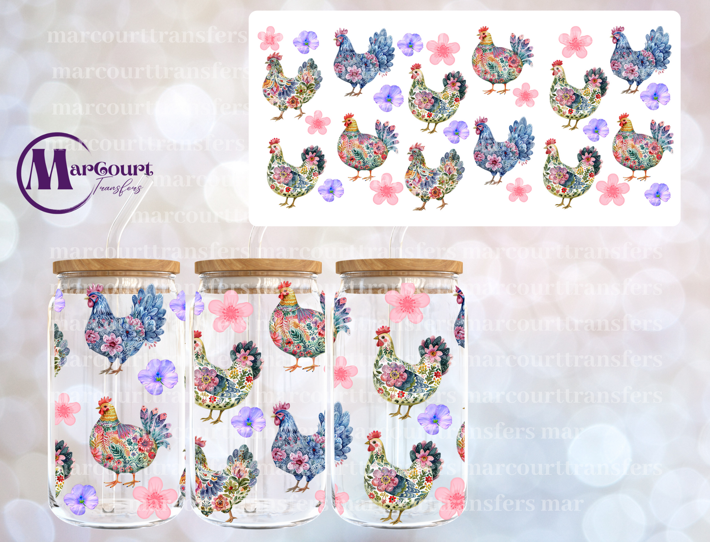 FLORAL CHICKENS-16 0Z-UV DTF CUP WRAP