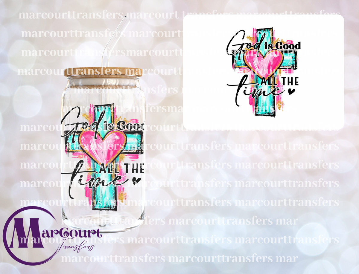 GOD IS GOOD ALL THE TIME TEAL AND PINK-UV DTF CUP WRAP