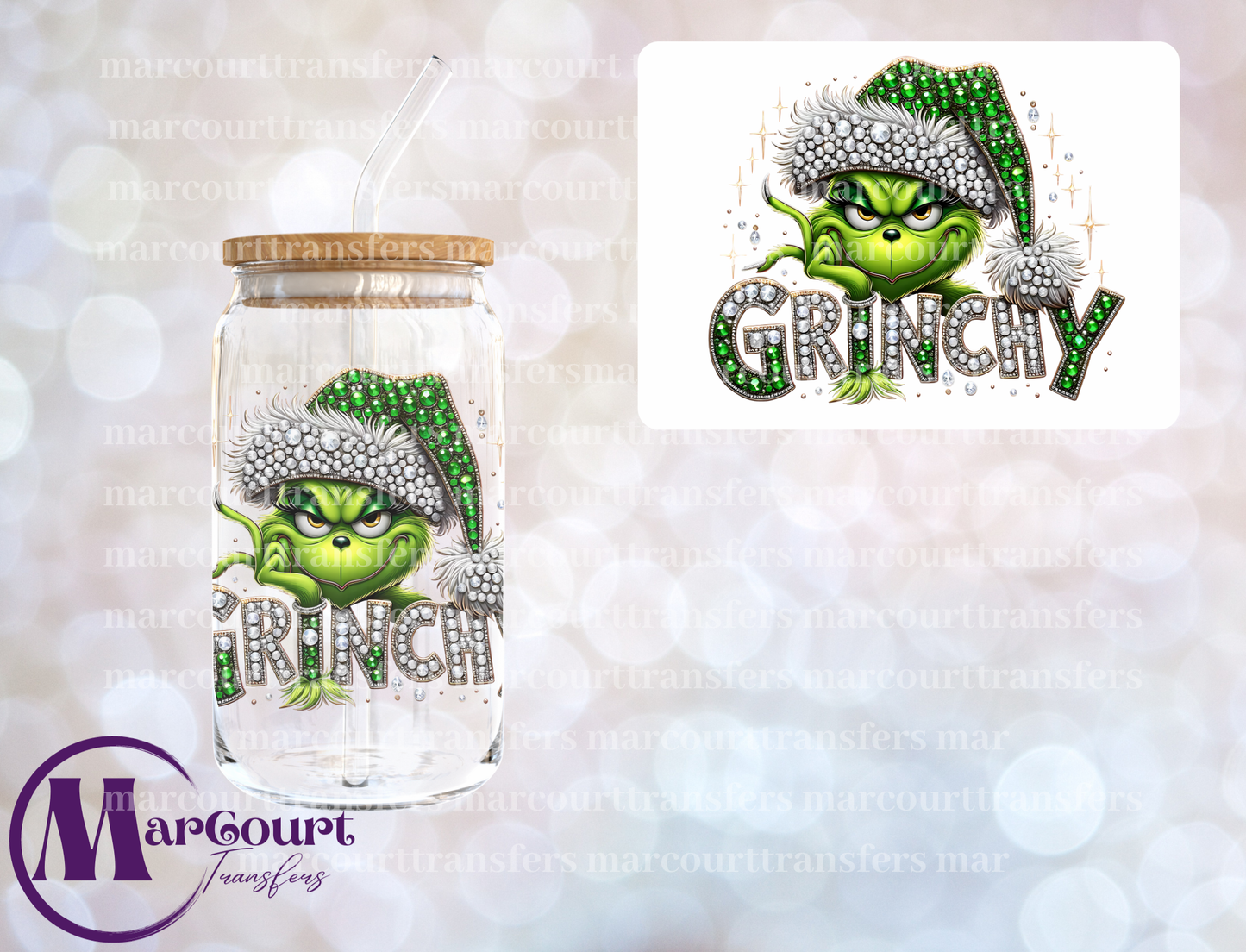 GREEN RHINESTONE GRINCH-DECAL-UV DTF CUP WRAP
