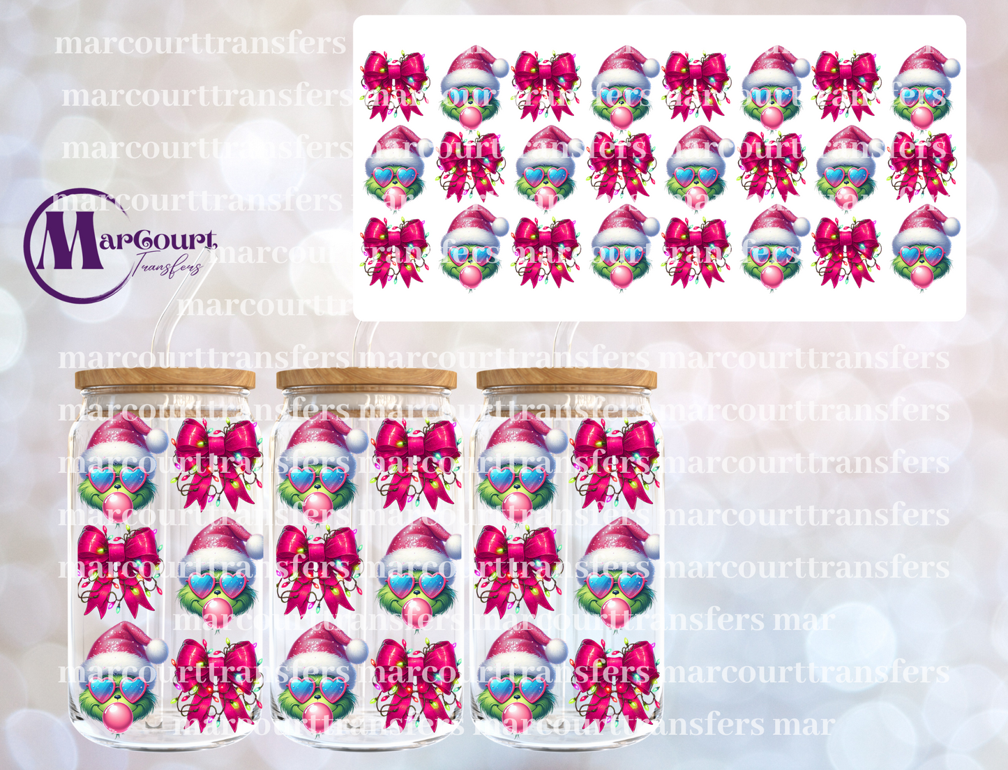 GRINCH PINK BOW BUBBLEGUM-16 0Z-UV DTF CUP WRAP