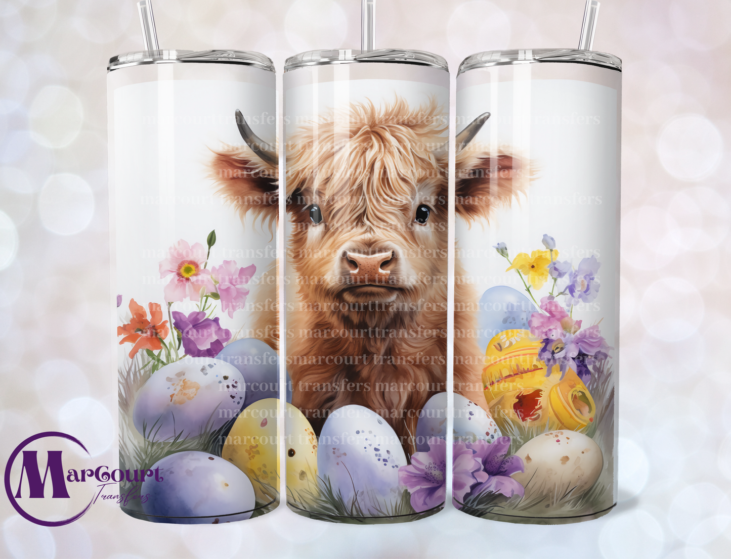 HIGHLAND COW WITH EASTER EGGS-SKINNY TUMBLER TRANSFER (SUBLIMATION)