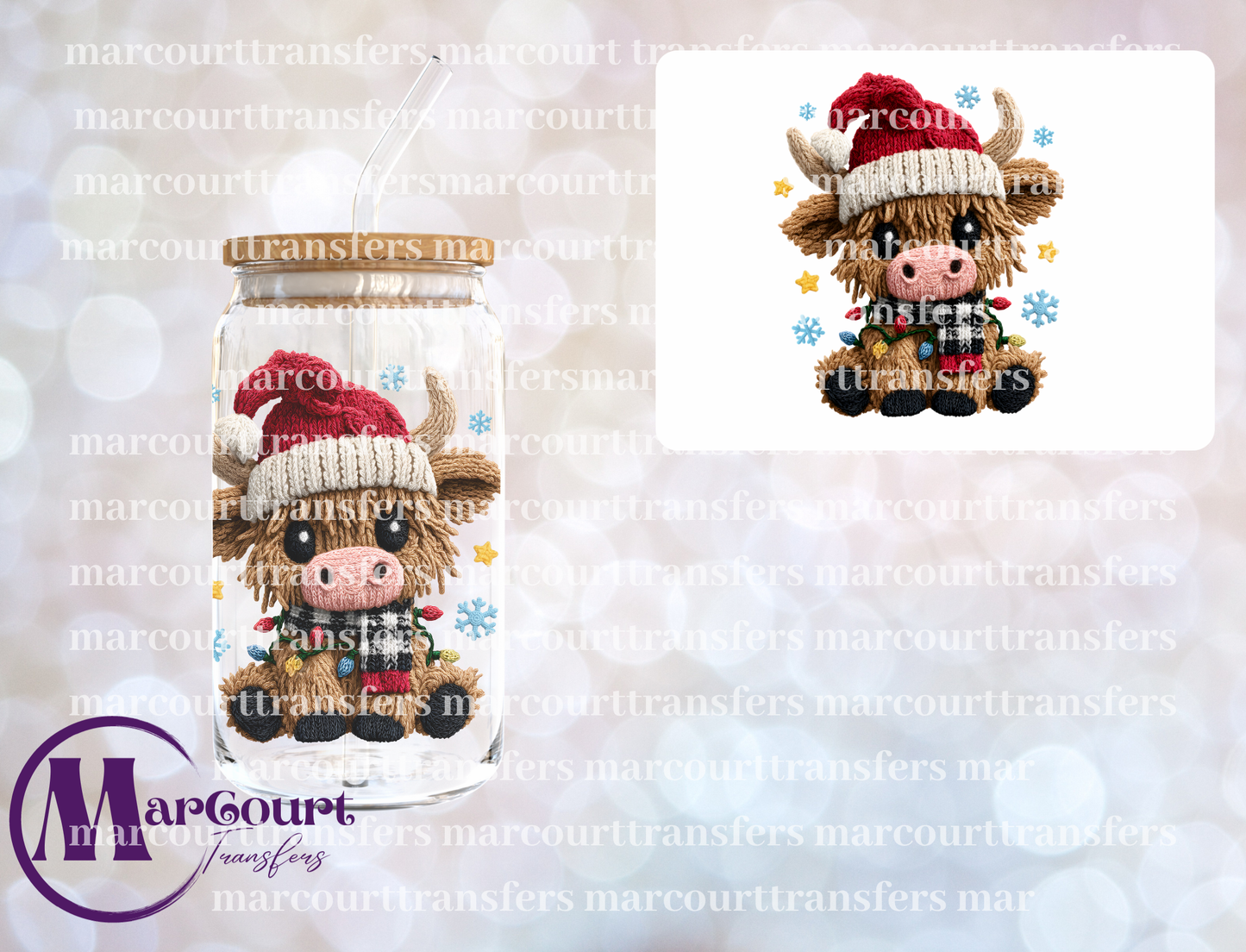 HIGHLAND COW WITH SCARF CHRISTMAS YARN-DECAL-UV DTF CUP WRAP