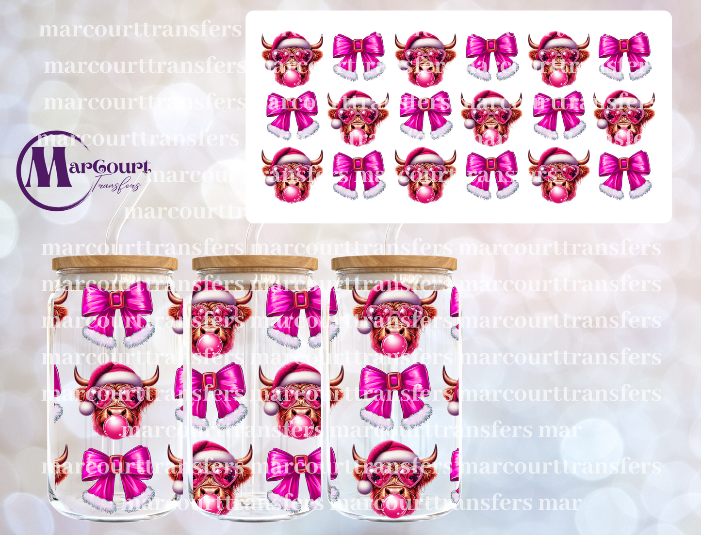HIGHLAND COW PINK BOW SANTA SUIT-16 0Z-UV DTF CUP WRAP