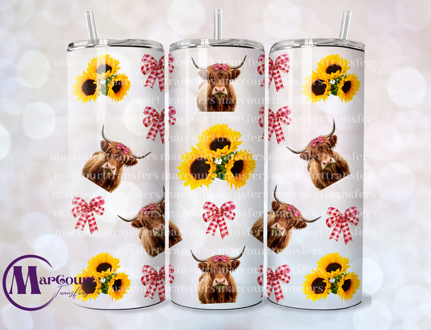 HIGHLAND COW WITH SUNFLOWERS AND PLAID BOW-SKINNY TUMBLER TRANSFER