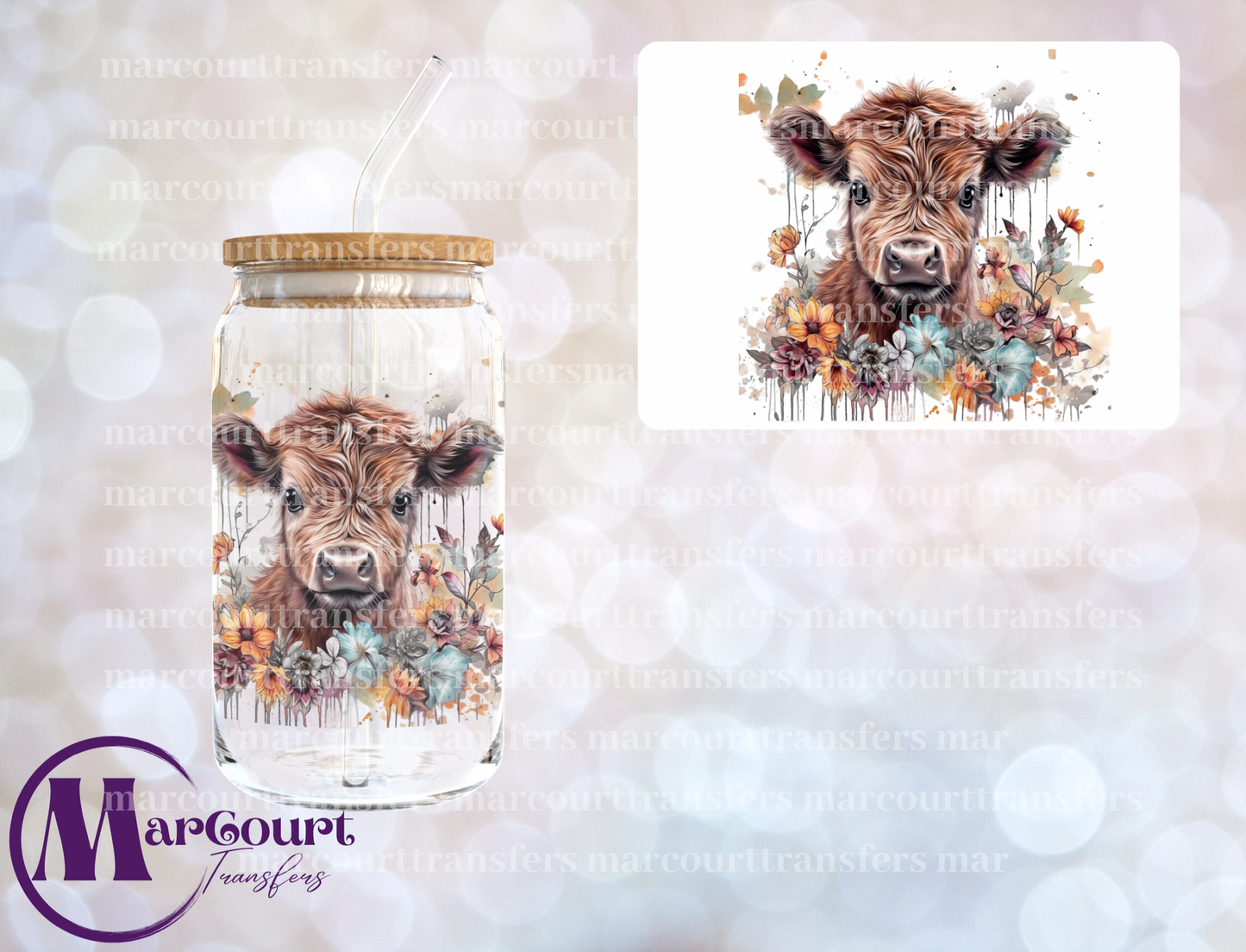 HIGHLAND COW WATERCOLOR FLORAL-DECAL-UV DTF CUP WRAP
