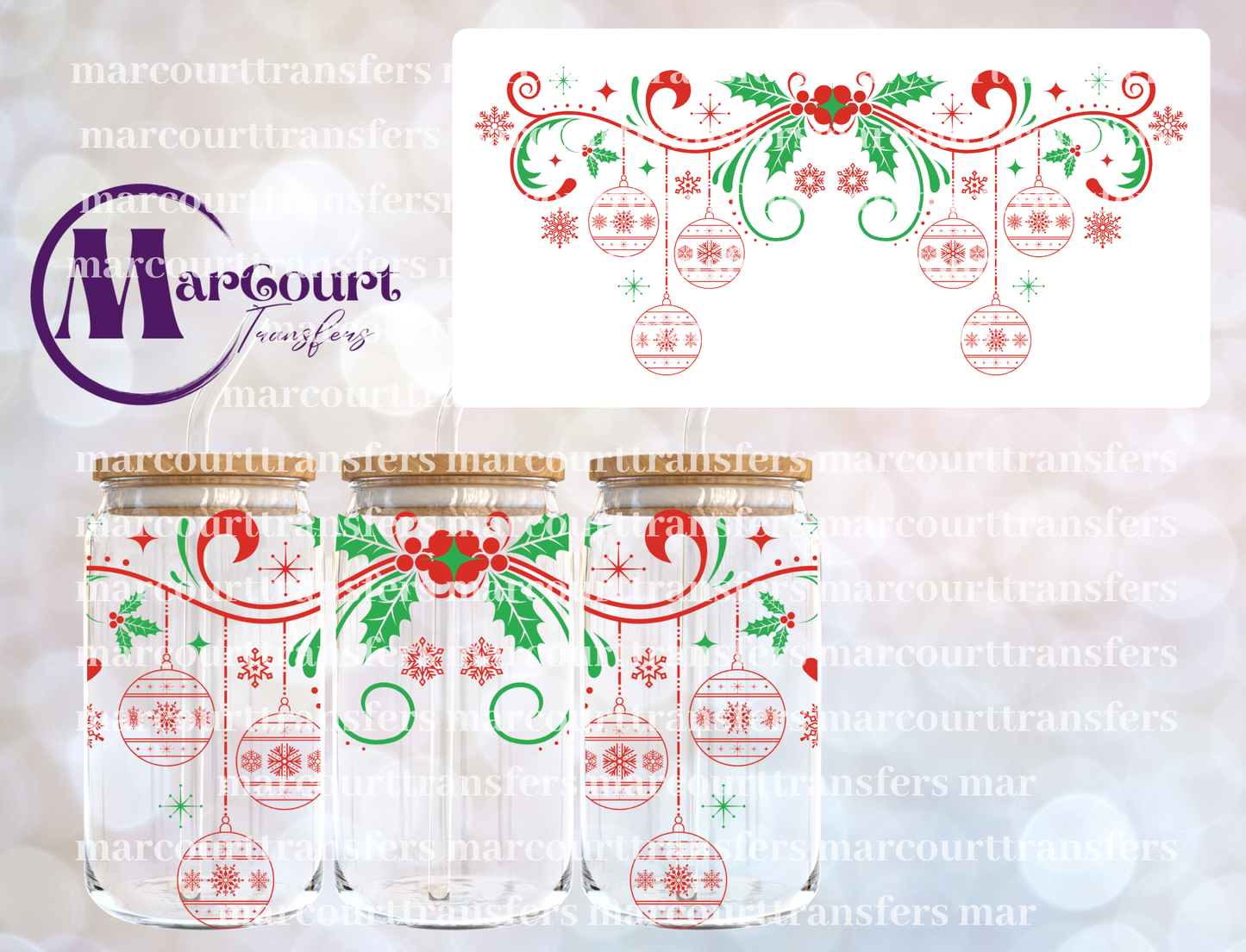 HOLLY AND SNOWFLAKE ORNAMENTS-16 0Z-UV DTF CUP WRAP