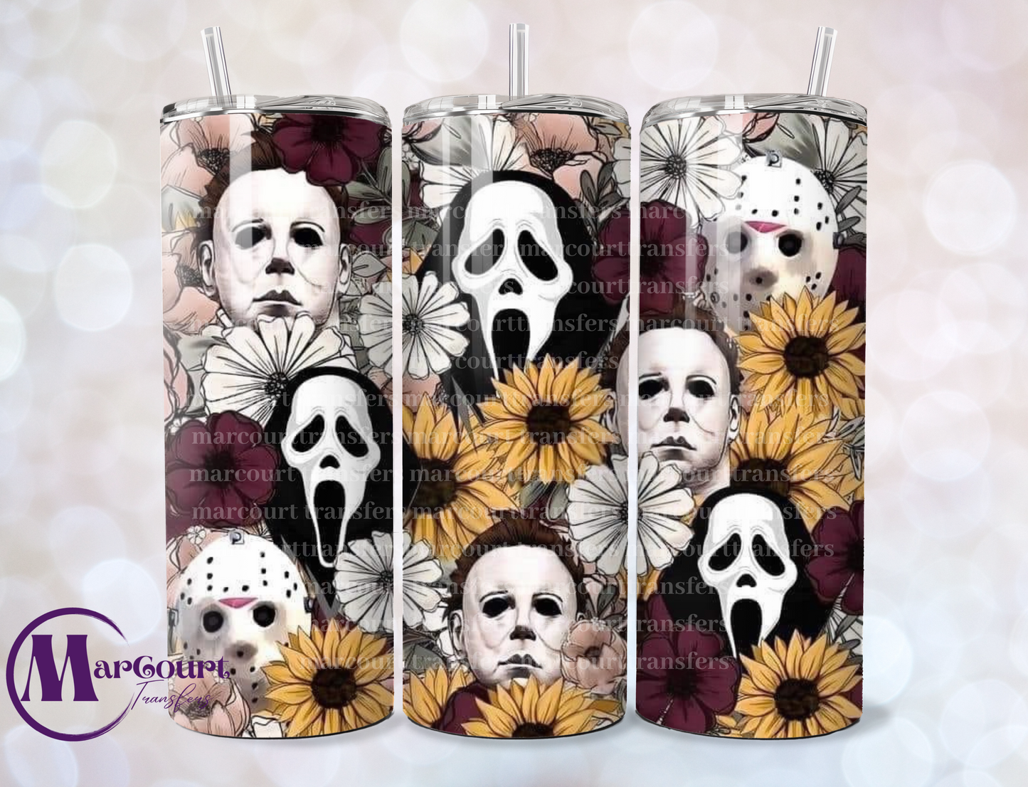 HORROR CHARACTERS IN FLOWERS-SKINNY TUMBLER TRANSFER (SUBLIMATION)