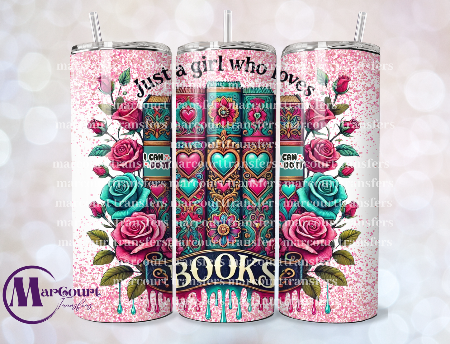 JUST A GIRL WHO LOVES BOOKS PINK AND TEAL ROSES-20 OZ-UV DTF CUP WRAP