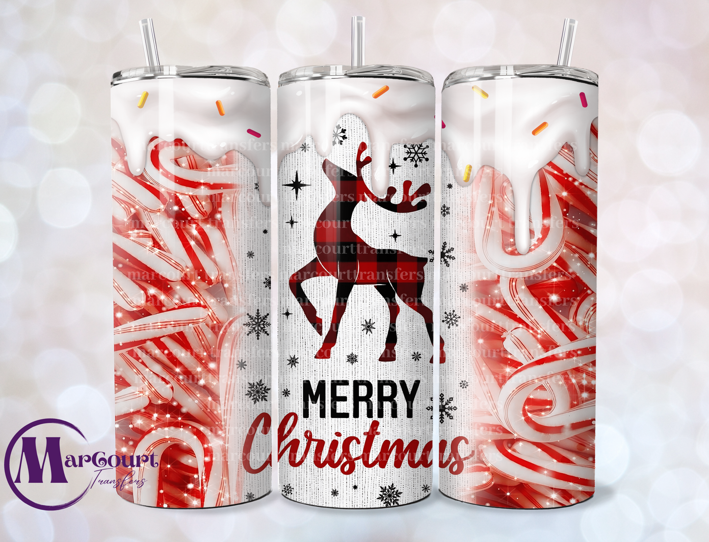 MERRY CHRISTMAS DEER WITH CANDY CANES-SKINNY TUMBLER TRANSFER