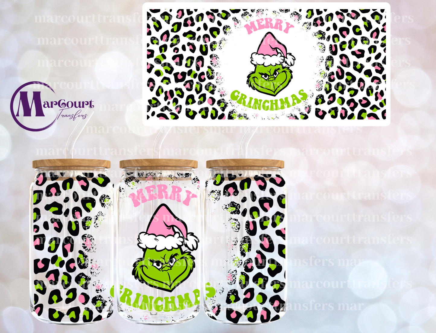 MERRY GRINCHMAS PINK AND GREEN LEOPARD-16 0Z-UV DTF CUP WRAP