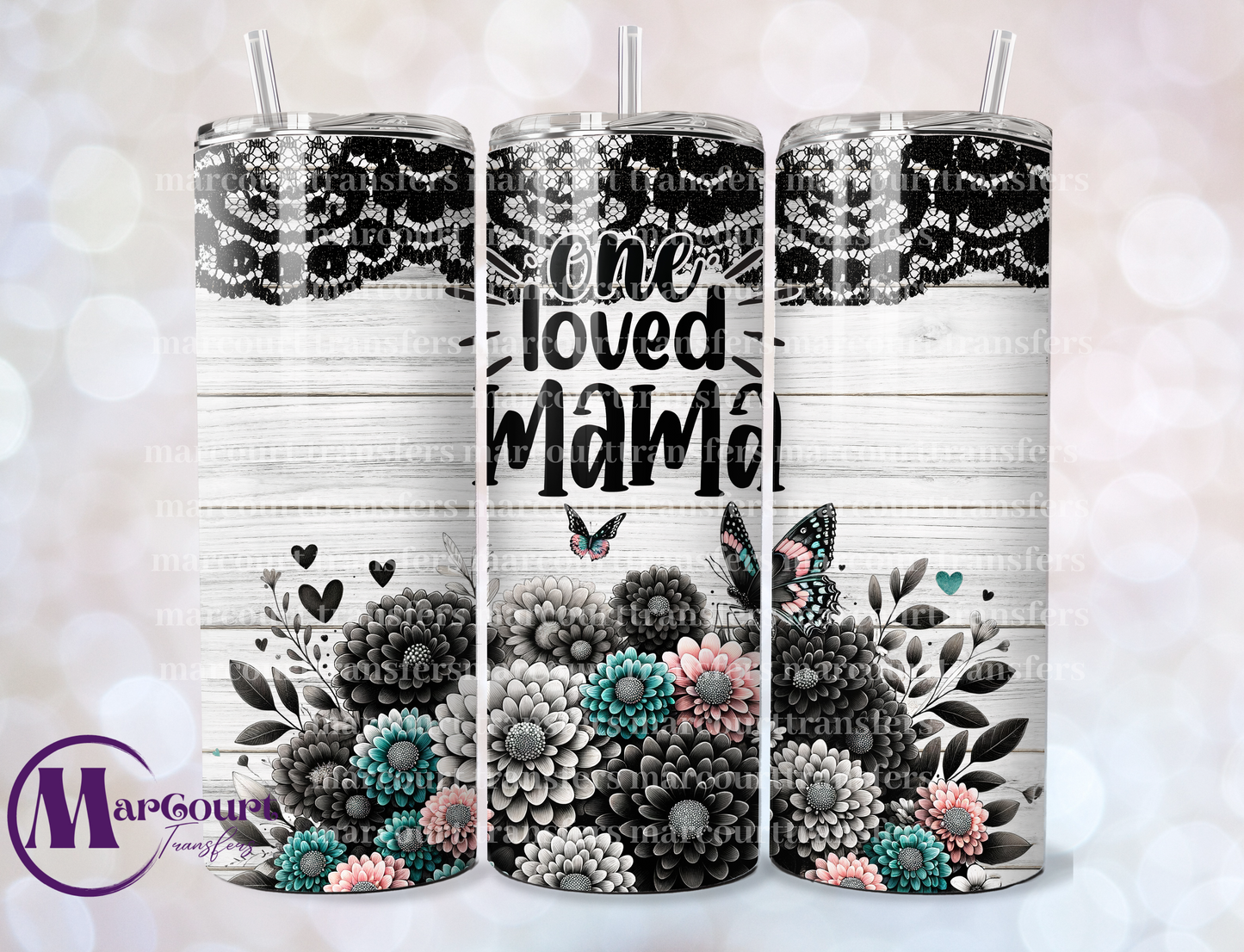 ONE LOVED MAMA TEAL AND PINK-SKINNY TUMBLER TRANSFER