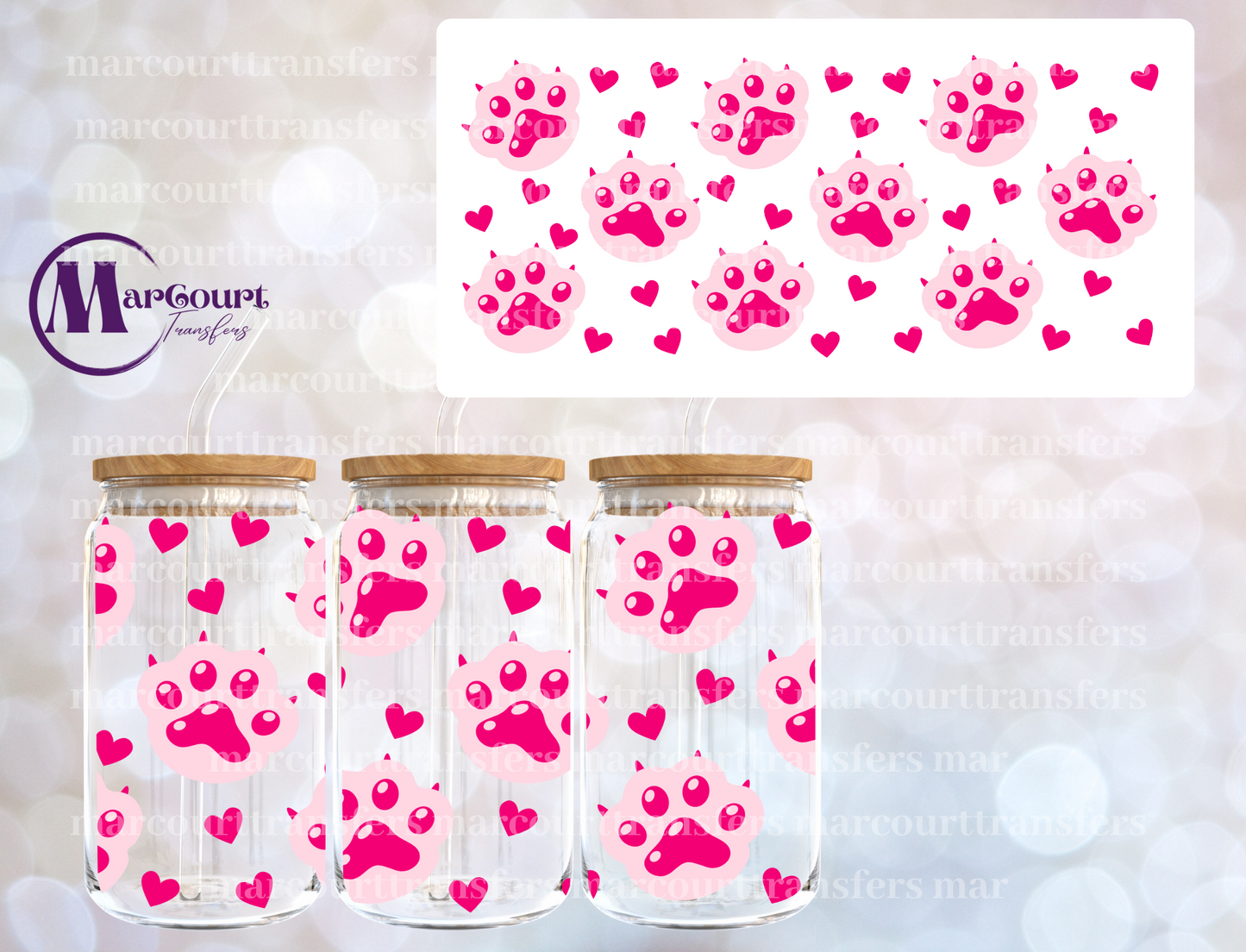 PAW PRINTS HEARTS-16 0Z-UV DTF CUP WRAP