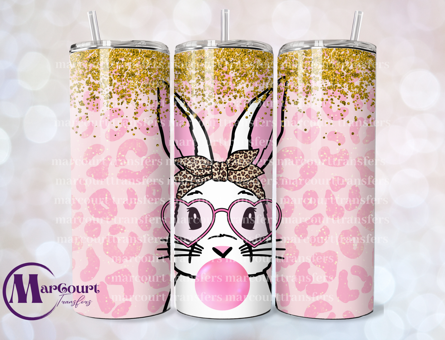 PINK BUNNY HEART GLASSES WITH GLITTER-SKINNY TUMBLER TRANSFER (SUBLIMATION)