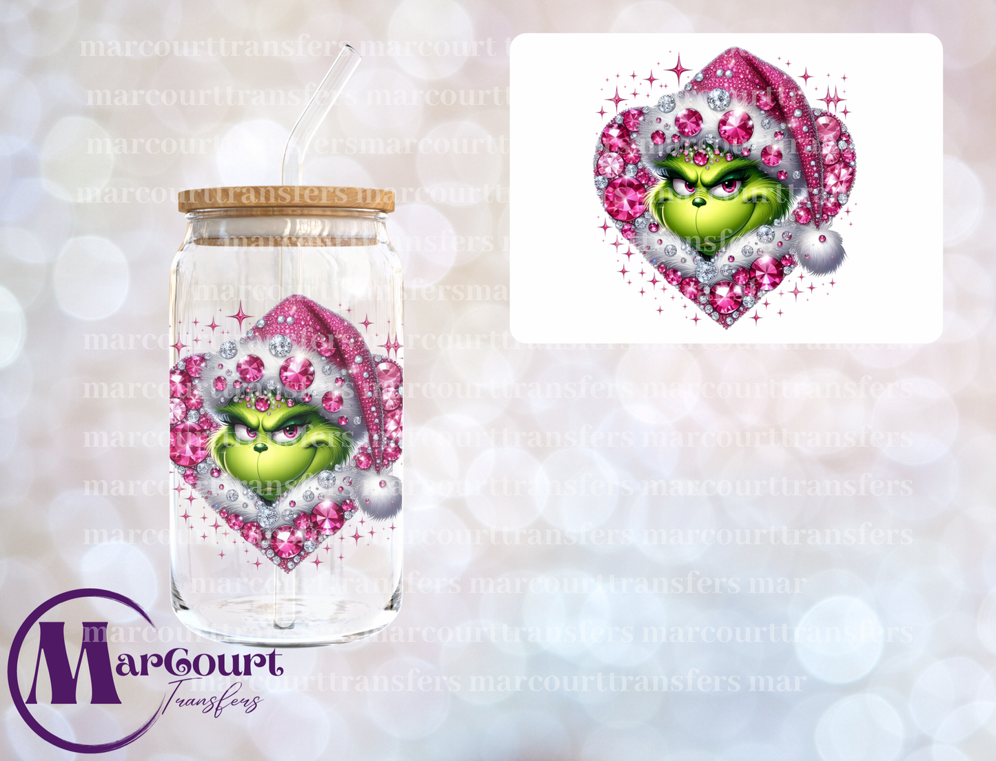 PINK GRINCH RHINESTONE HEART-DECAL-UV DTF CUP WRAP