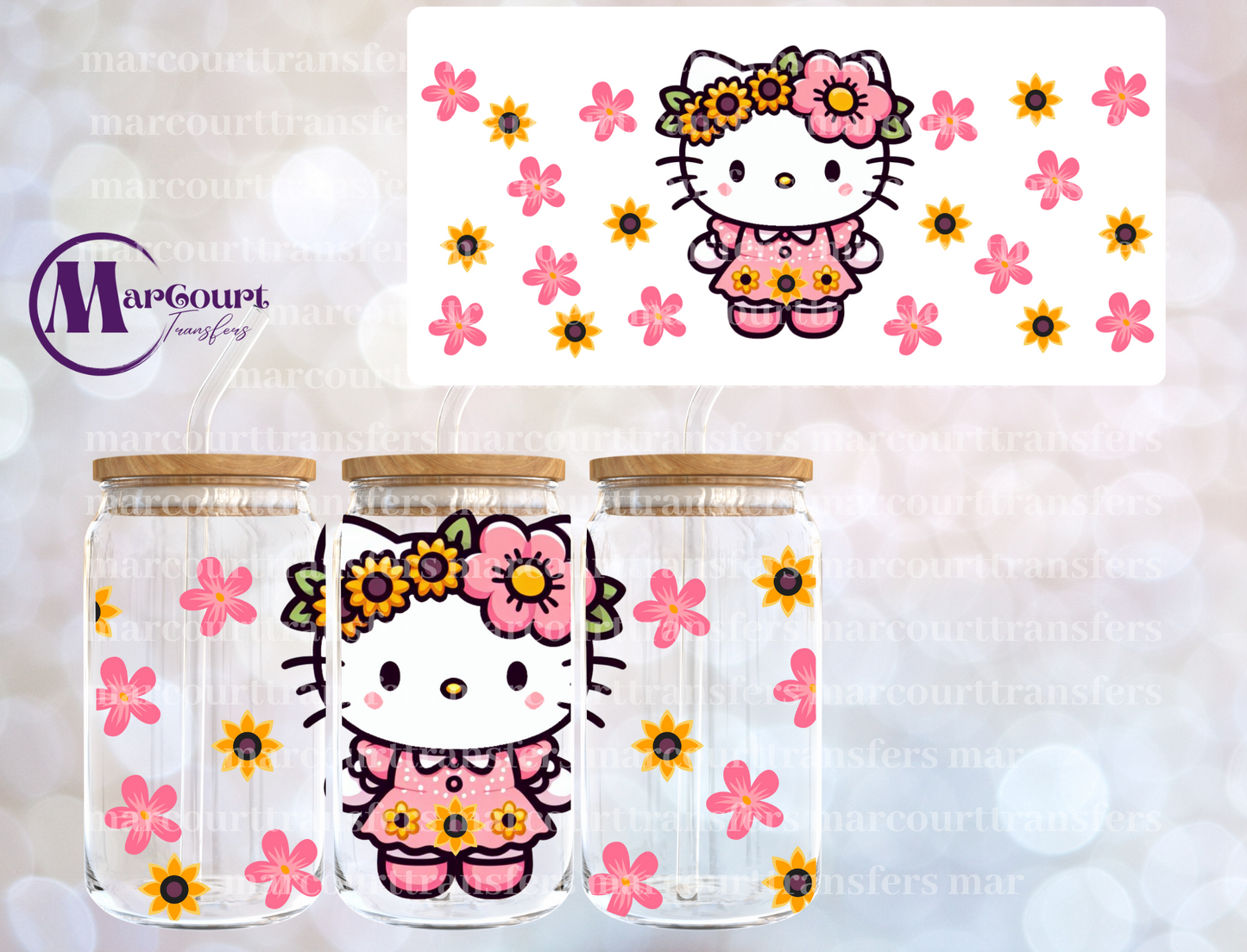 PINK HELLO KITTY WITH SUNFLOWERS-16 0Z-UV DTF CUP WRAP