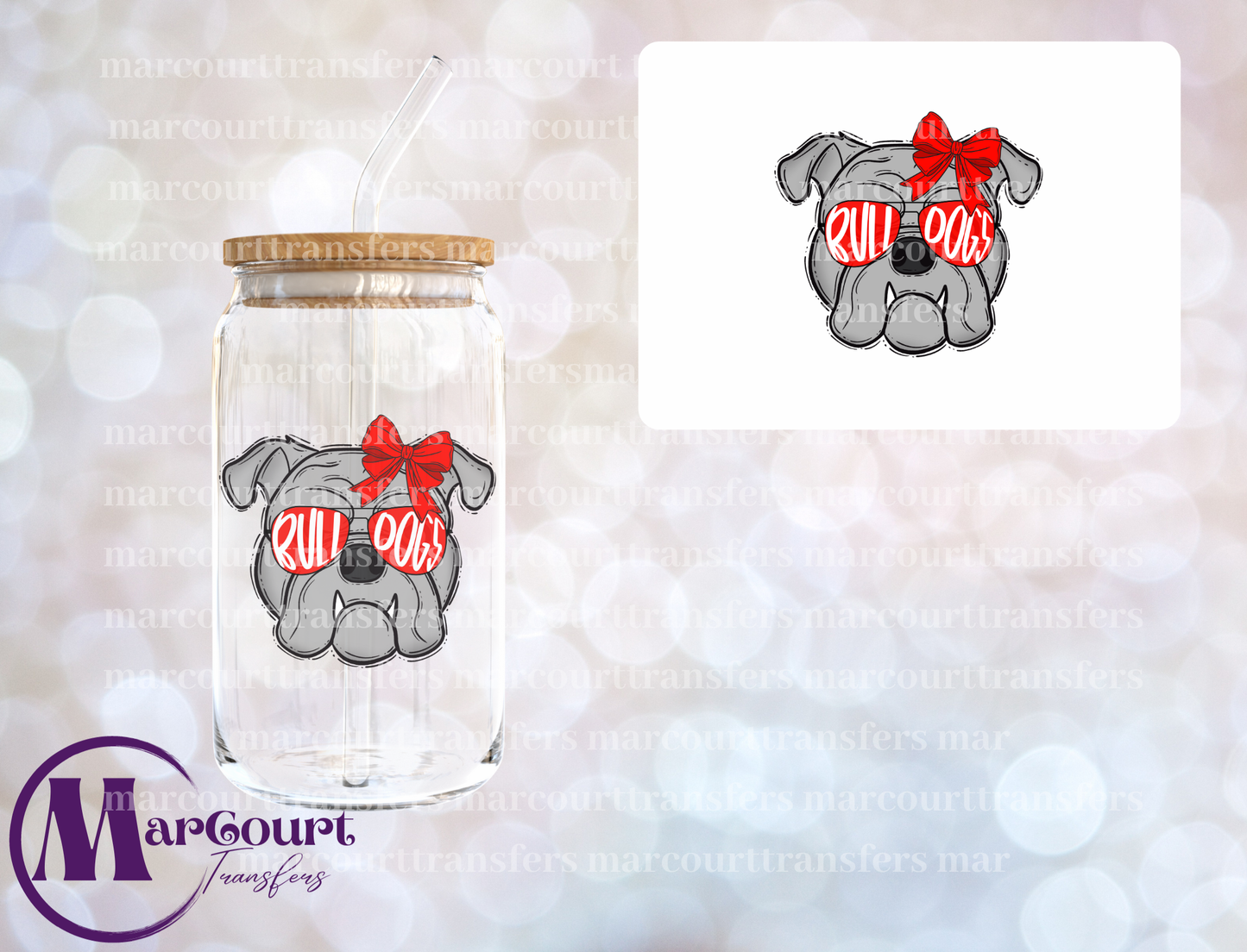 RED BULLDOG WITH BOW-DECAL-UV DTF CUP WRAP