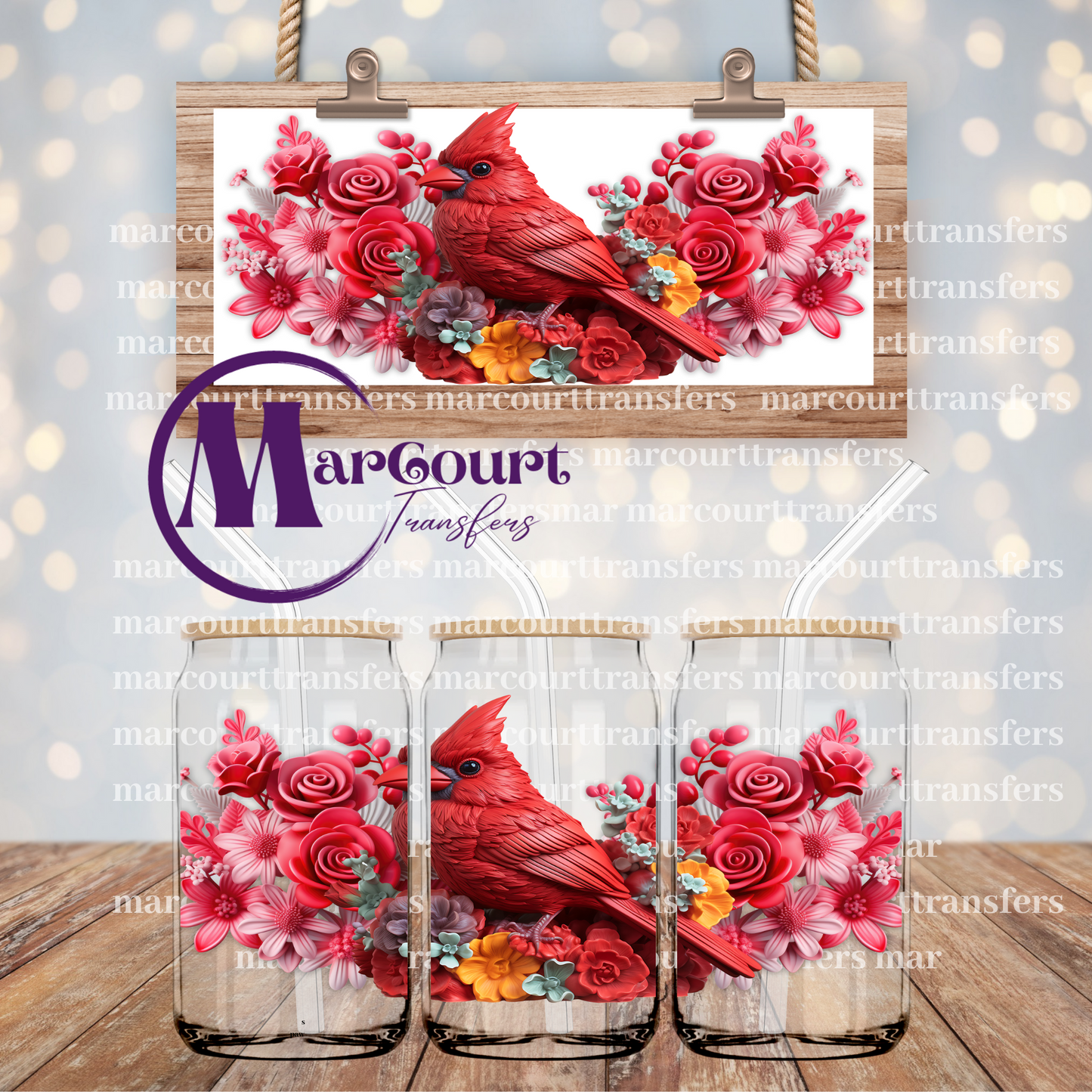 3 D RED CARDINAL-16 0Z-UV DTF CUP WRAP