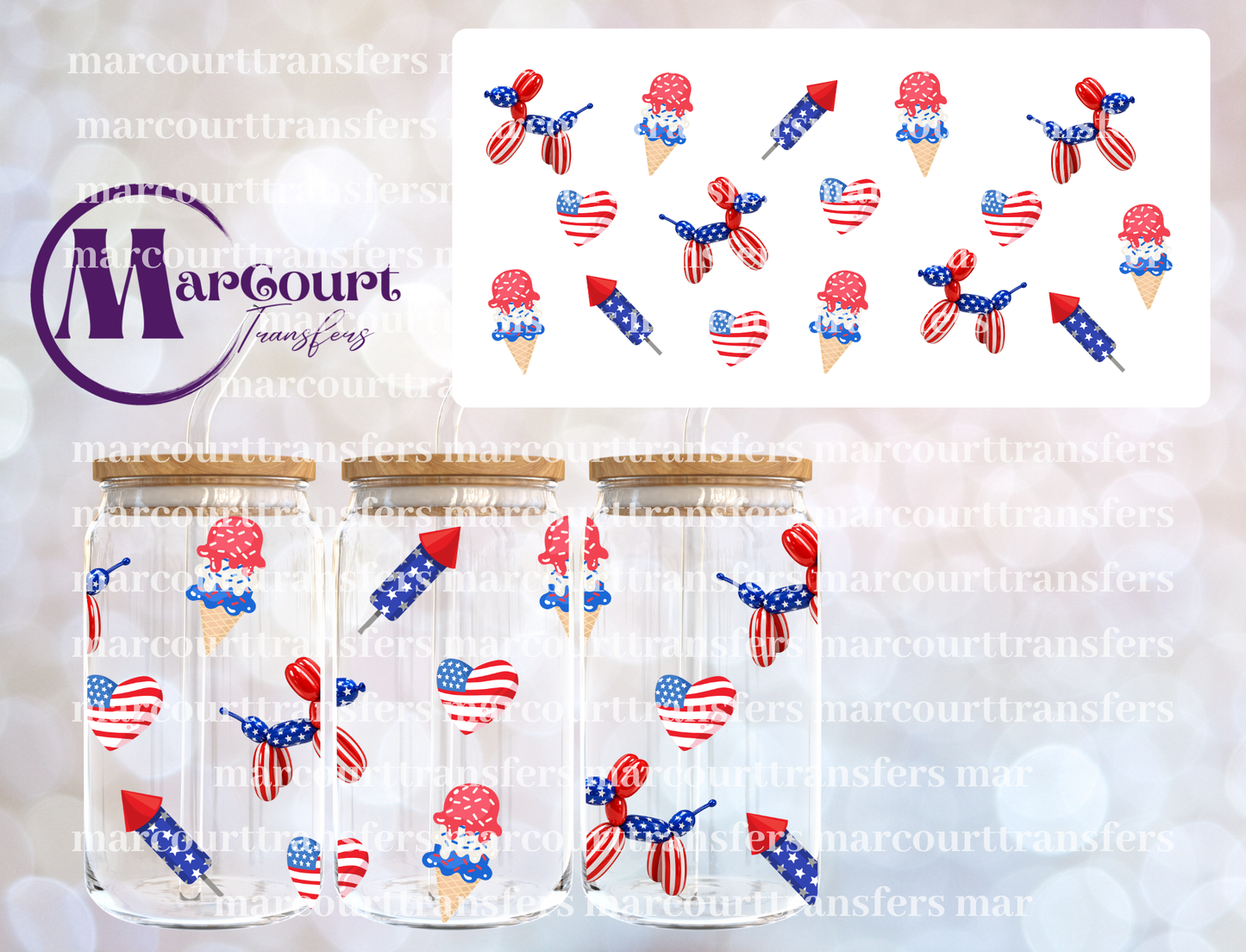 RED WHITE AND BLUE BALLOON DOGS-16 0Z-UV DTF CUP WRAP