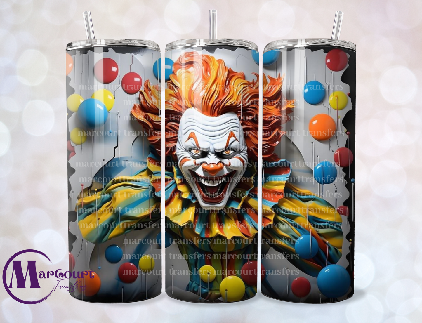 SCARY CLOWN 3 D-SKINNY TUMBLER TRANSFER (SUBLIMATION)