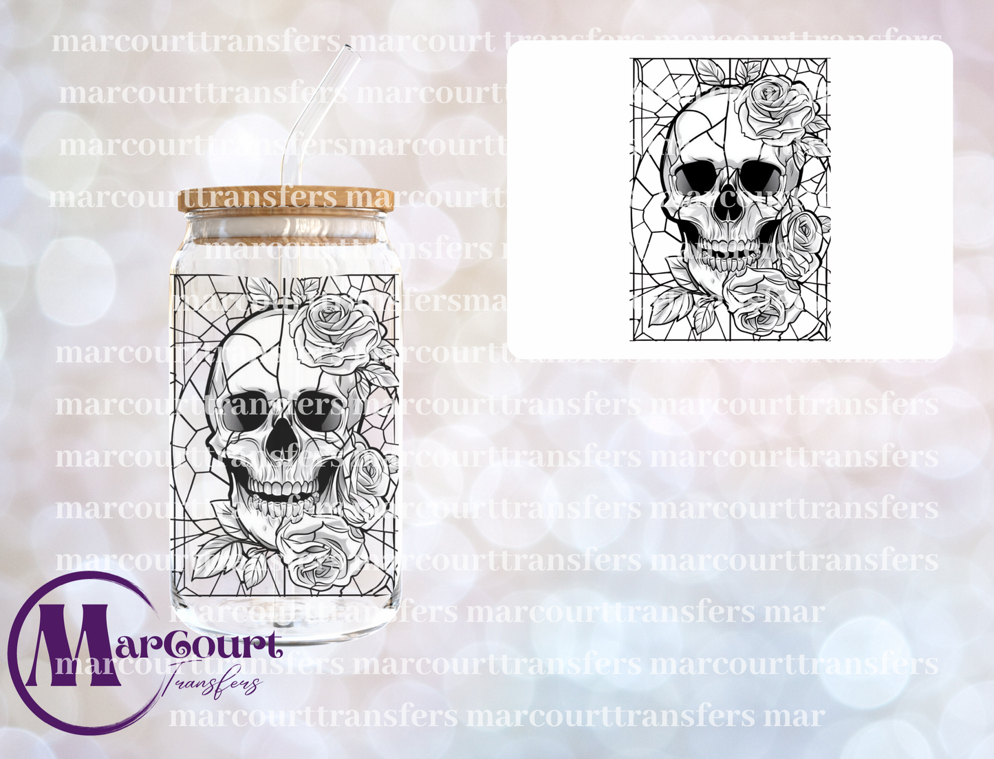 SKULL AND FLOWERS GLASS-UV DTF CUP WRAP