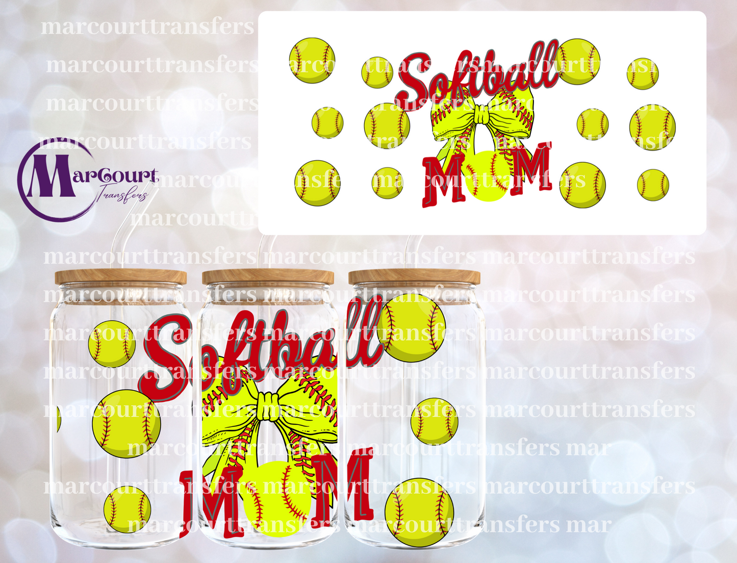 SOFTBALL MOM WITH BOW-16 0Z-UV DTF CUP WRAP