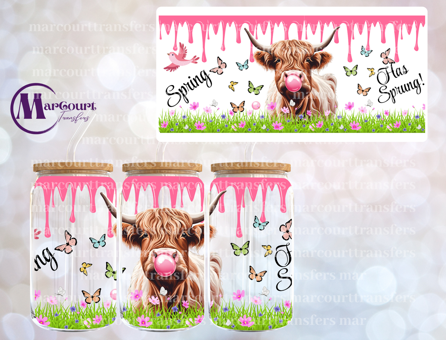 SPRING HAS SPRUNG HIGHLAND COW-16 0Z-UV DTF CUP WRAP