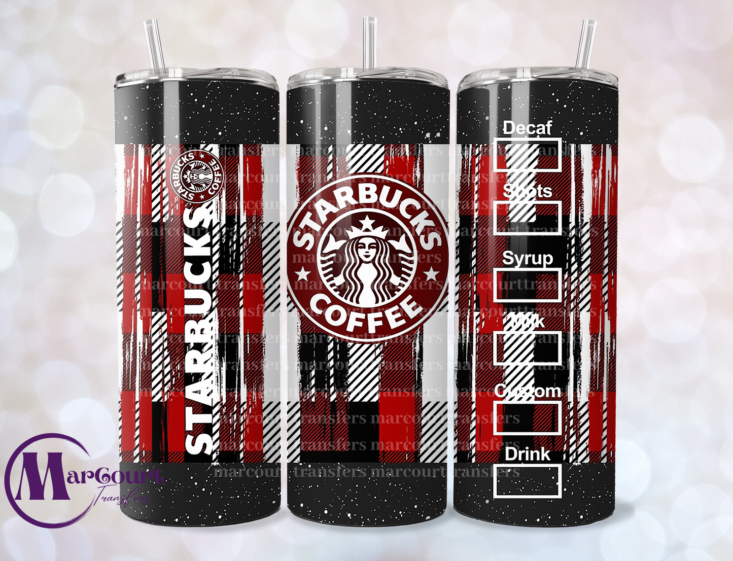 STARBUCKS PLAID AND BLACK GLITTER-SKINNY TUMBLER TRANSFER
