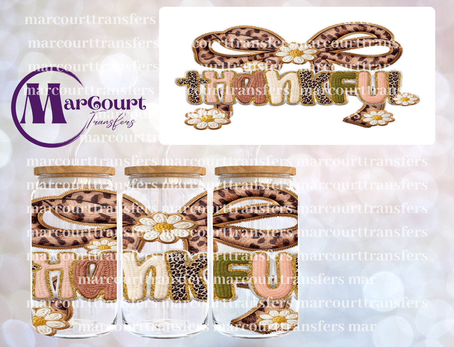 THANKFUL BOW FAUX PATCH-16 0Z-UV DTF CUP WRAP