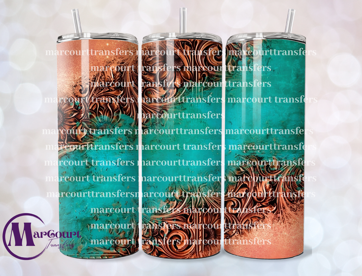 TEAL TOOLED LEATHER-20 OZ-UV DTF CUP WRAP