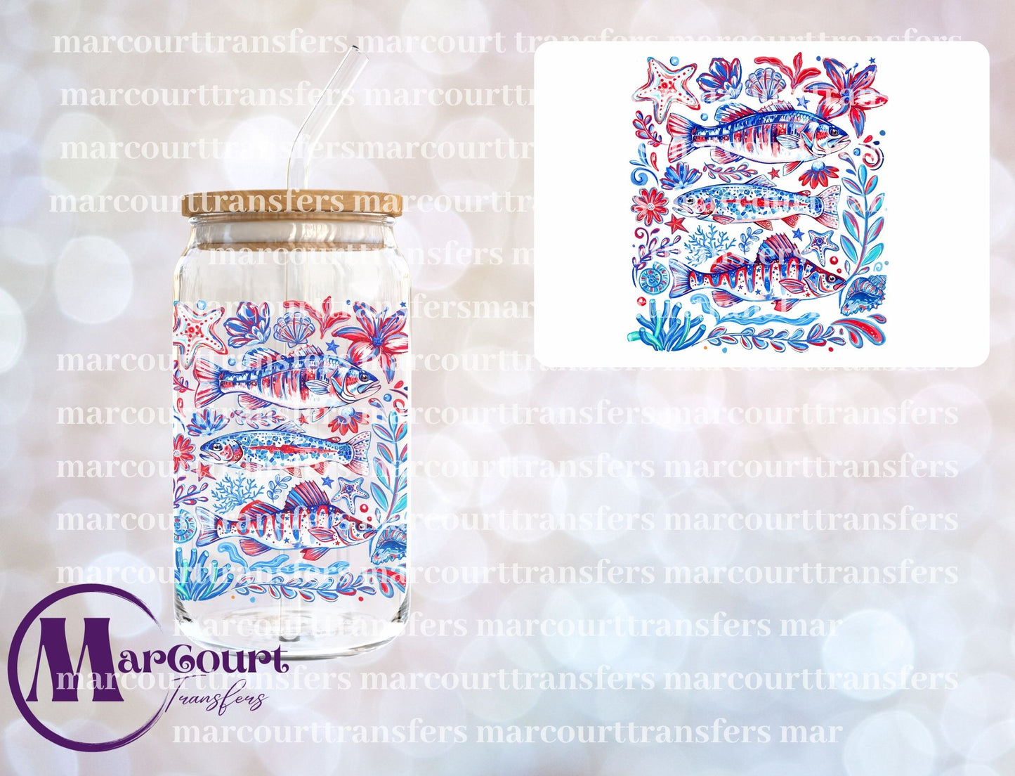 RED WHITE AND BLUE FISH-UV DTF CUP WRAP