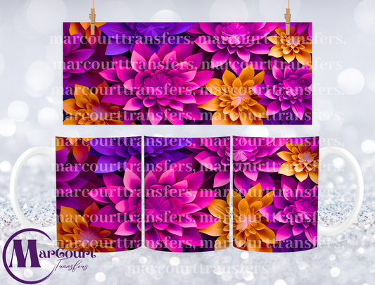 3 D FLOWERS ORANGE PINK AND PURPLE -MUG TRANSFER