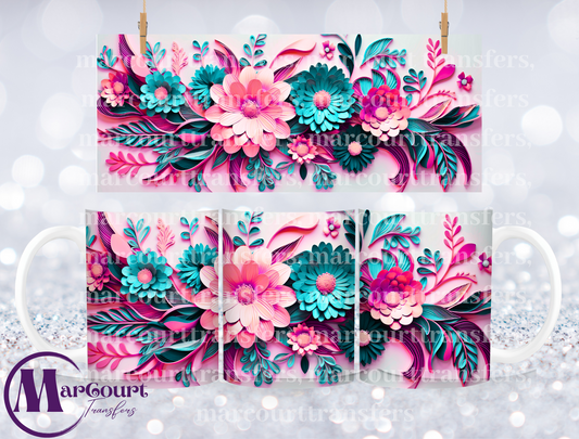 3 D FLOWERS PINK AND TEAL-MUG TRANSFER