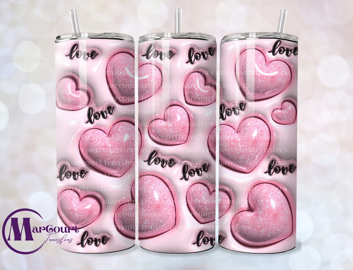 3 D PINK GLITTER LOVE HEARTS-SKINNY TUMBLER TRANSFER