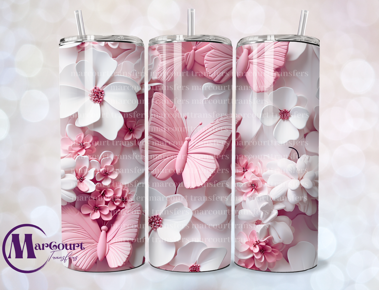 3D PINK BUTTERFLIES-SKINNY TUMBLER TRANSFER