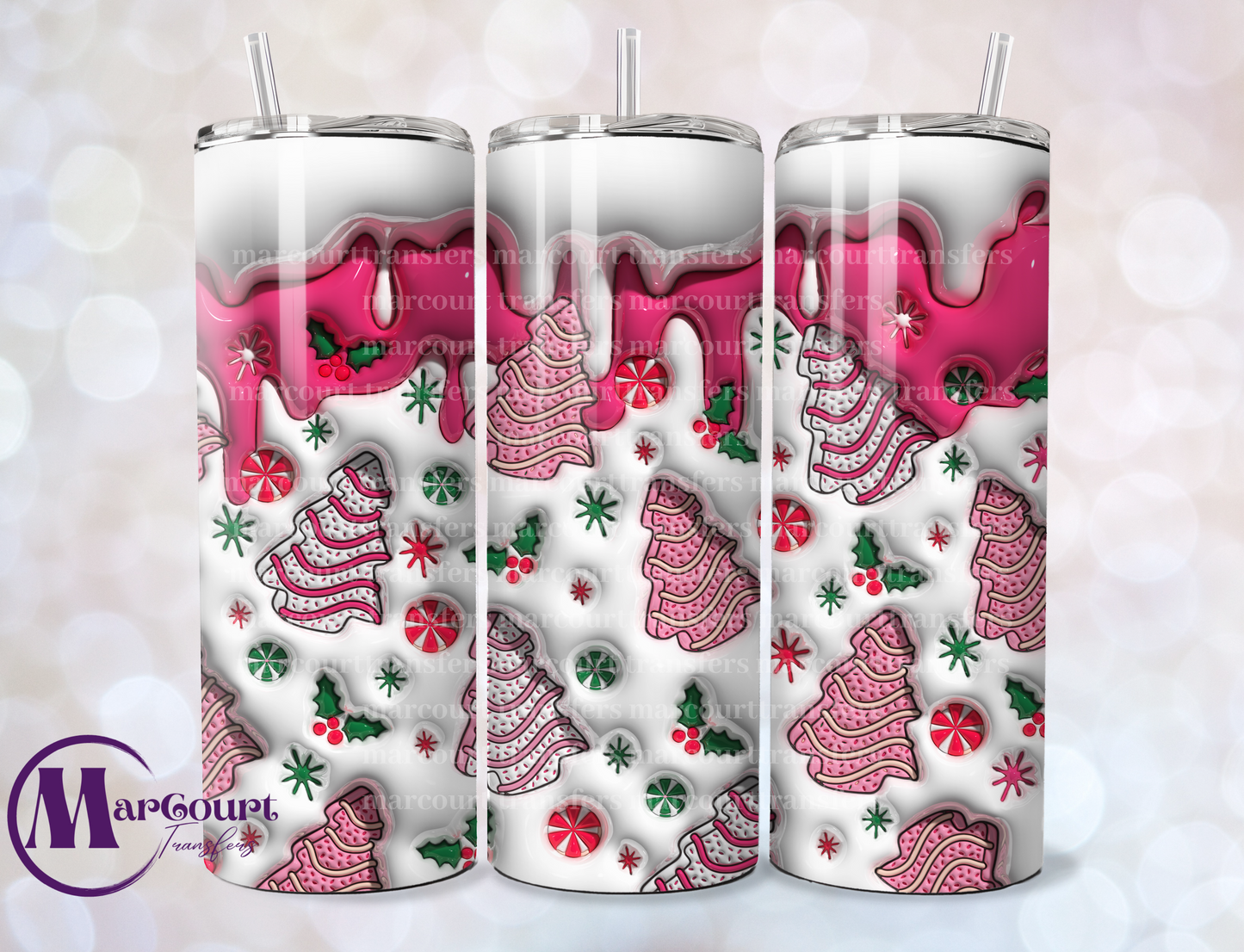 3D INFLATED CHRISTMAS TREE SNACK CAKES PINK-SKINNY TUMBLER TRANSFER