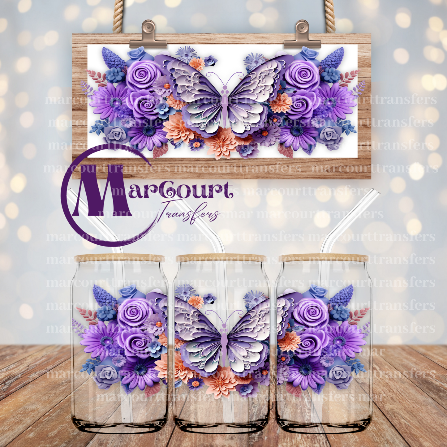 3 D PURPLE BUTTERFLY-16 0Z-UV DTF CUP WRAP