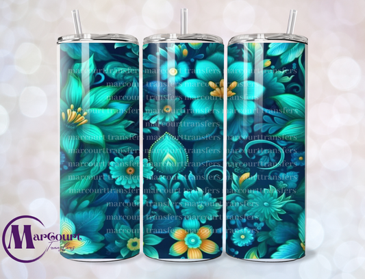 3 D TEAL FLOWERS-SKINNY TUMBLER TRANSFER