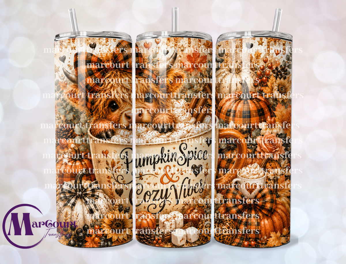 PUMPKIN SPICE AND COZY VIBES HIGHLAND-SKINNY TUMBLER TRANSFER (SUBLIMATION)